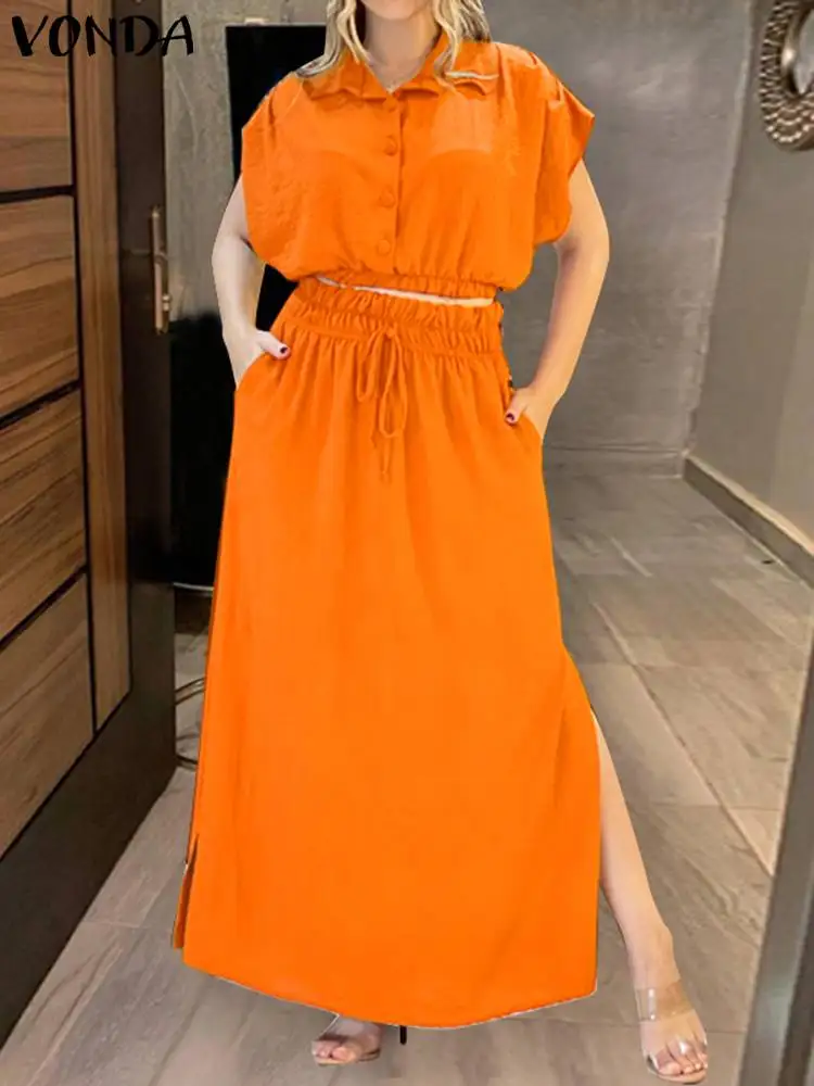 Plus Size 5XL VONDA 2024 Summer Maxi Dress Sets Women Casual Solid Short Sleeve Tops and Elastic Waist Long Skirt Button Sets