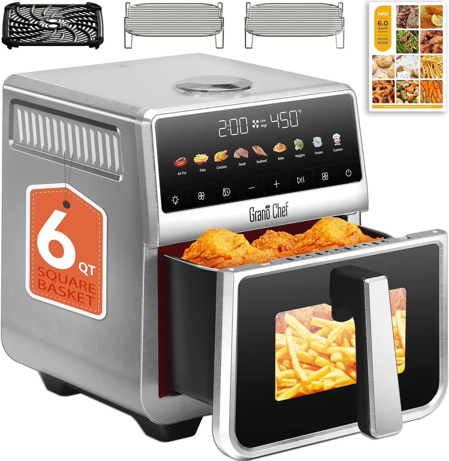 Stainless Steel Air Fryer 6 Quart, Ceramic Glazed Basket, Full Metal Inner Pot with Stainless Steel Housing, PTFE & PFAS Free, 9