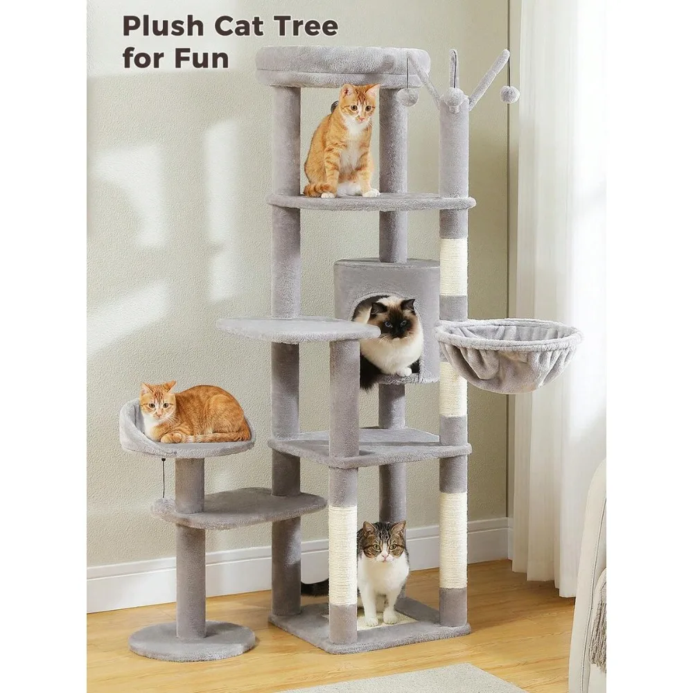 59 Cat Tree With 3 Removable Pompom Sticks, Cat Tree For Indoor Cats, Cat Condo With Large Hammock