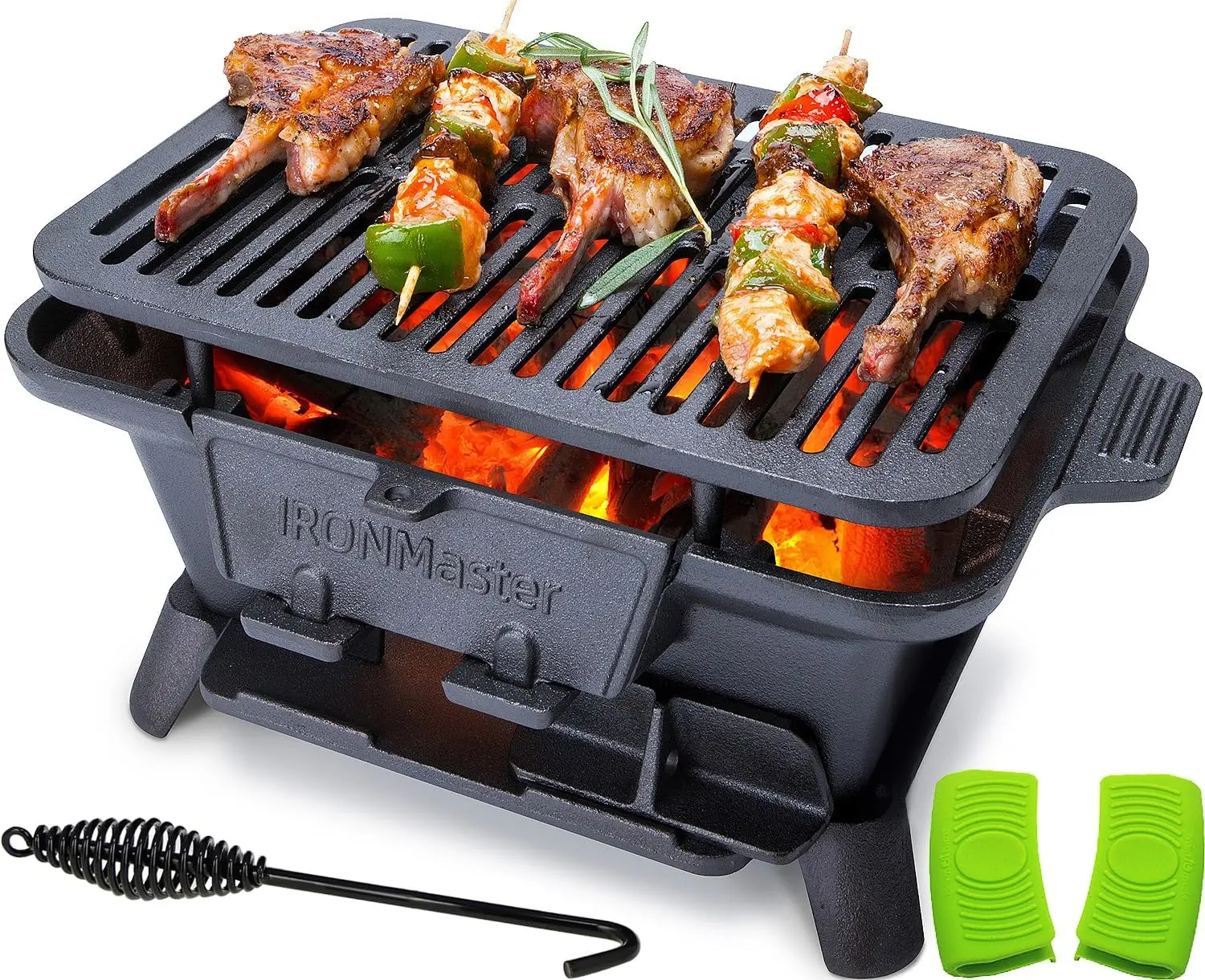 Hibachi Grill Outdoor, Small Portable Charcoal Grill, 100% Pre-Seasoned Cast Iron, Japanese Yakitori Camping Grill - 2 Heights