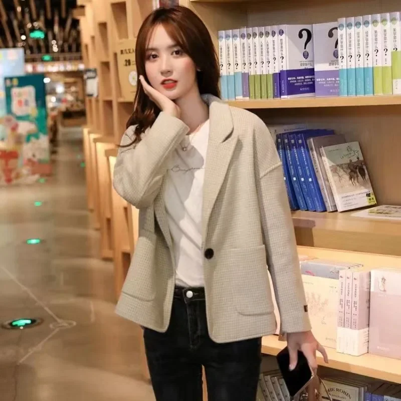 Short Woolen Plaid Coats Loose Casual Houndstooth Outerwear Female Office Lady Formal Clothing 2023 Korean Women Blazer Jackets