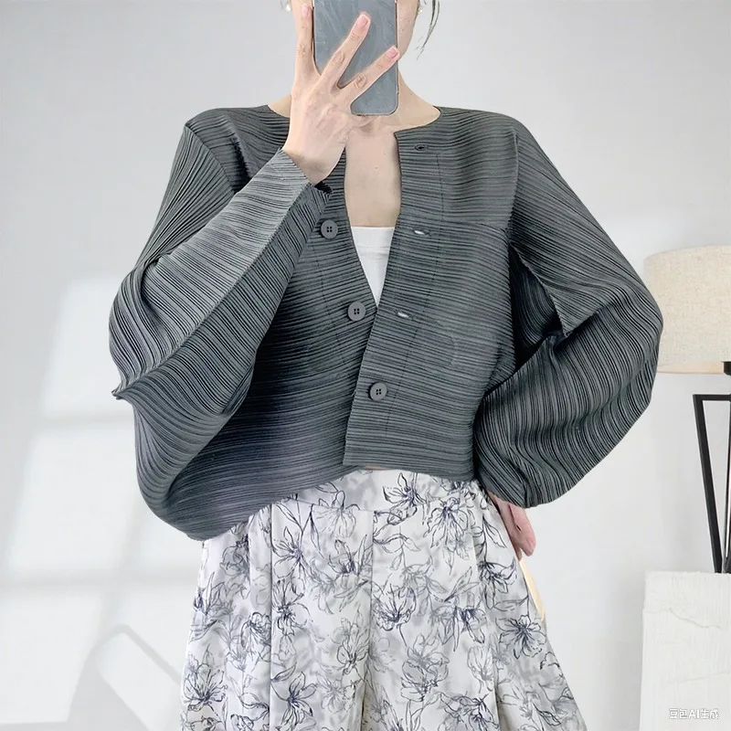 

Miyake плиссированные однотонные топы женские однобортные простые кардиганы на сто ярдов короткая куртка повседневная куртка из полиэстера креп