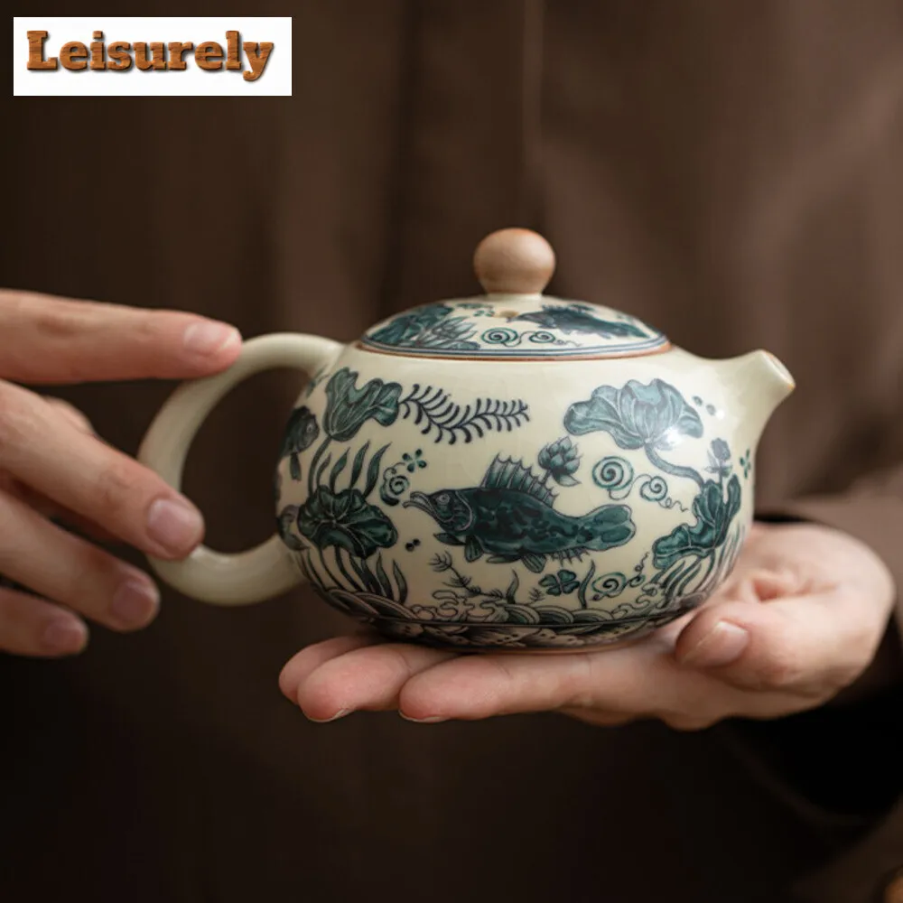 230ml Ancient Fish Algae Pattern Xishi Teapot Imitation Song Ru Kiln Ball Hole Infusions Pot Tea Brewing Kettle Cha Collection