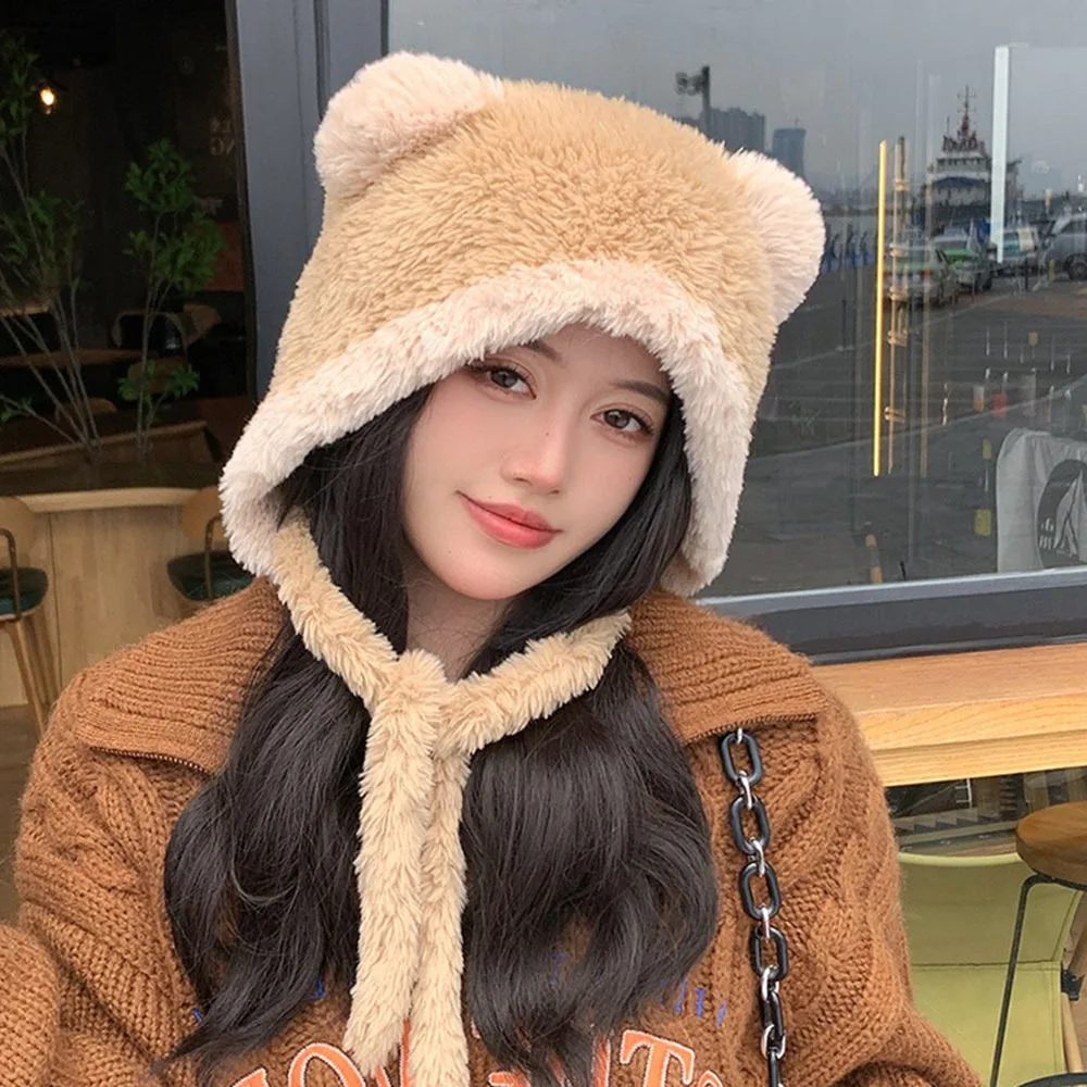 

Fashion Bear Ear Knitted Plush Hat Coldproof Windproof Beanies Cap Keep Warm Thickened Ear Protection Hat for Women Girls