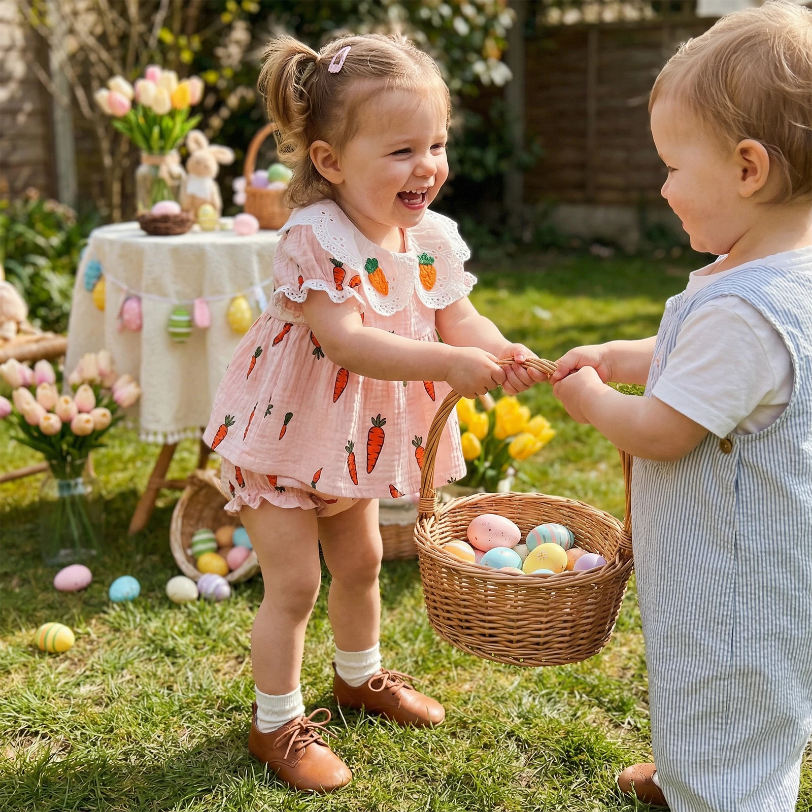 

Toddler Baby Girl Easter Outfit Carrot Short Sleeve Doll Collar Babydoll Tops and Ruffle Shorts 2 Piece Set