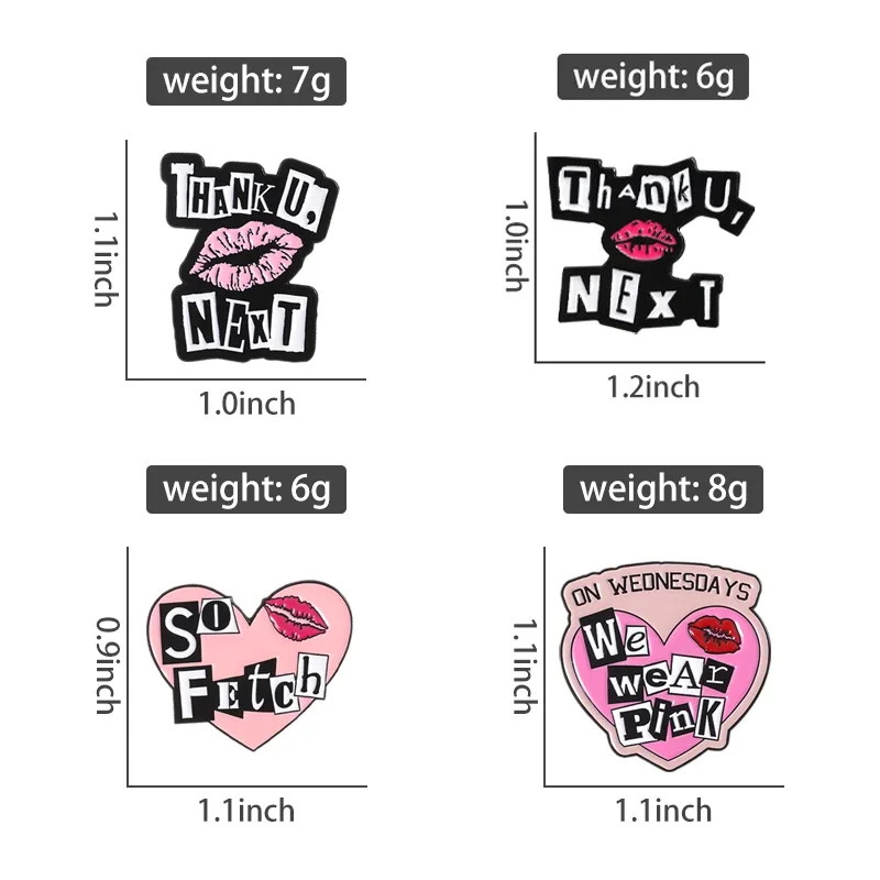 Pink Heart Lip Print Enamel Pins Custom Thank U Next So Fetch Metal Brooch Shirt Lapel Badge Fashion Jewelry Gifts for Couple