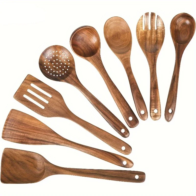 8pcs Natural Teak Wooden Spoons for Cooking-Set of 8 Kitchen Utensils for Durable Cooking - Perfect for Back To School Supplies