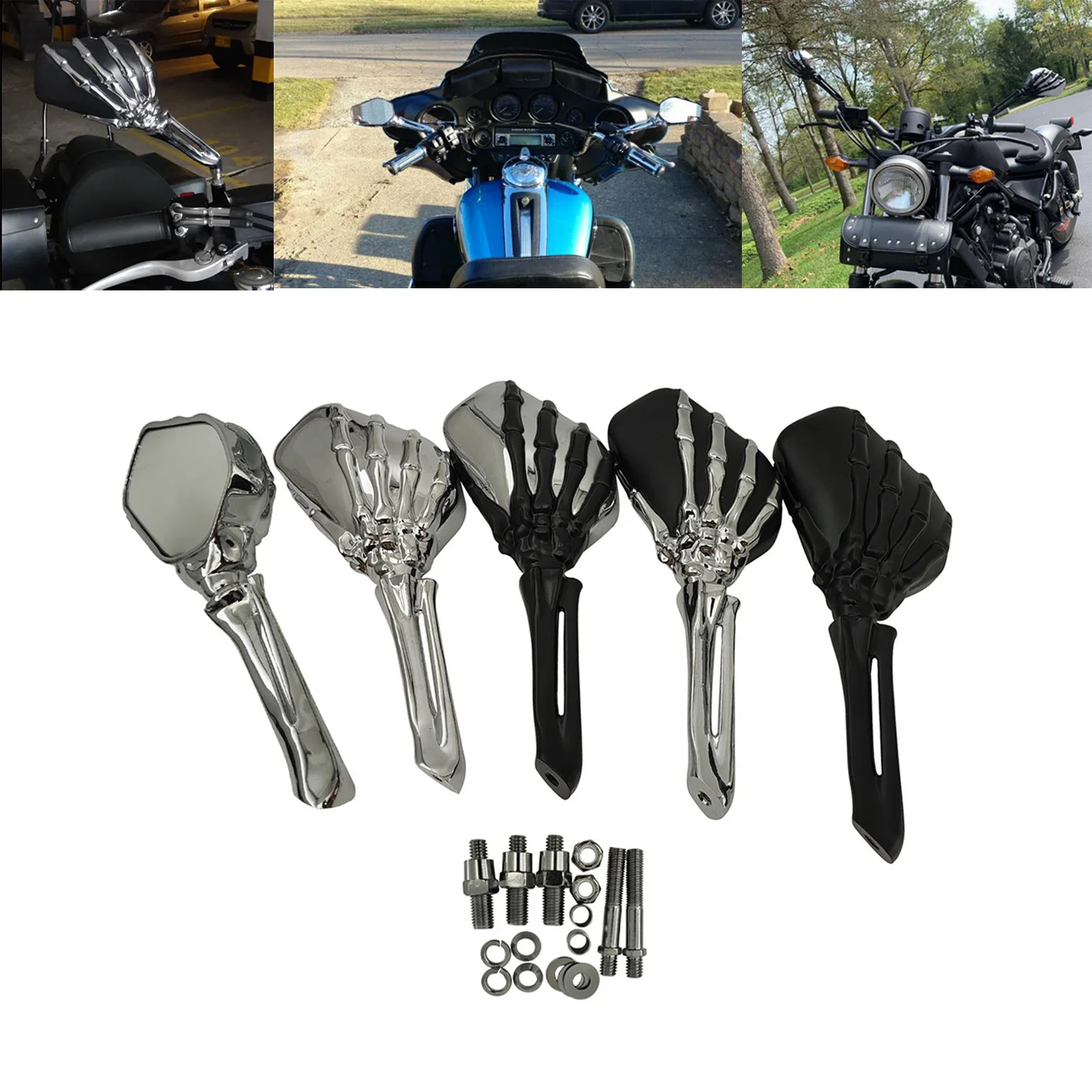 

8mm 10mm Motorcycle 3D Skull Skeleton Rear View Side Mirrors For Harley Touring Sportster XL883 Honda Kawasaki Suzuki Cruiser