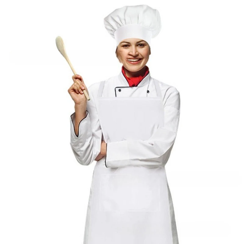 

1pcs Polyester Professional Chef Uniform White Stand Collar Jacket Apron Hat Set