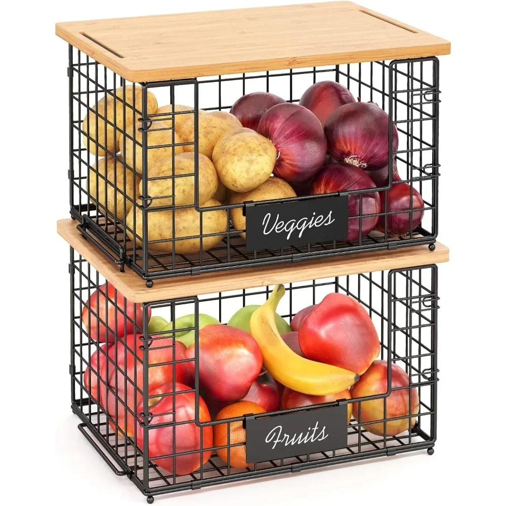 

2-piece bamboo top stackable basket for pantry organization and storage, kitchen counter basket