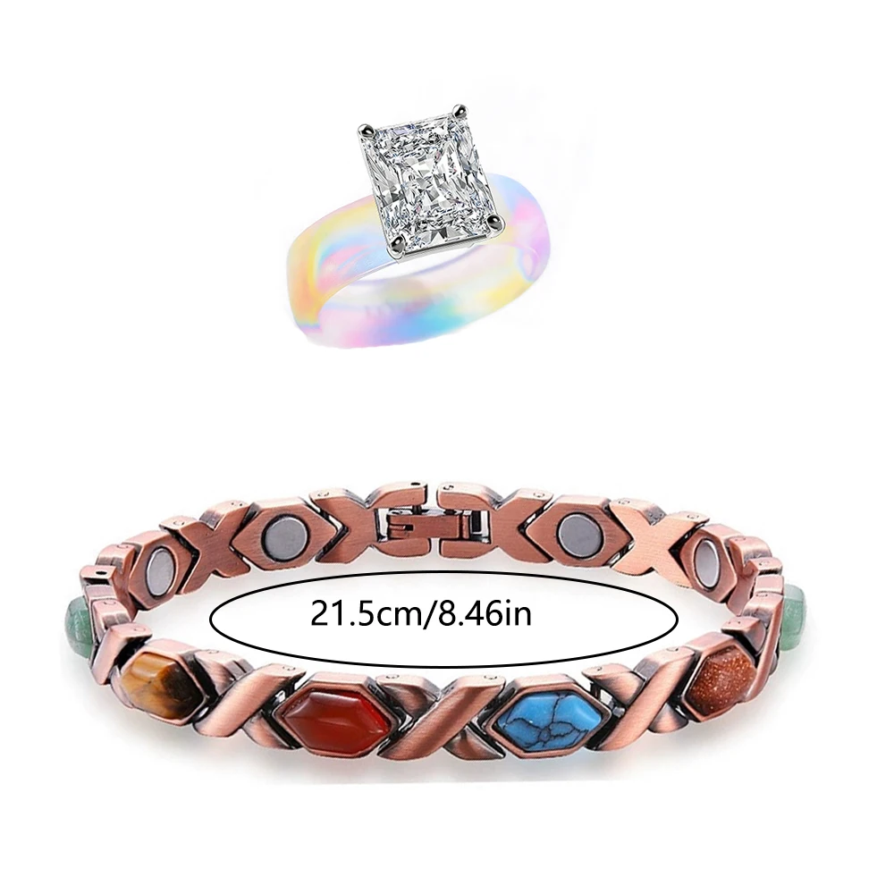2pc Boho Rainbow Silicone CZ Ring & Copper Healing Crystal Bracelet Set