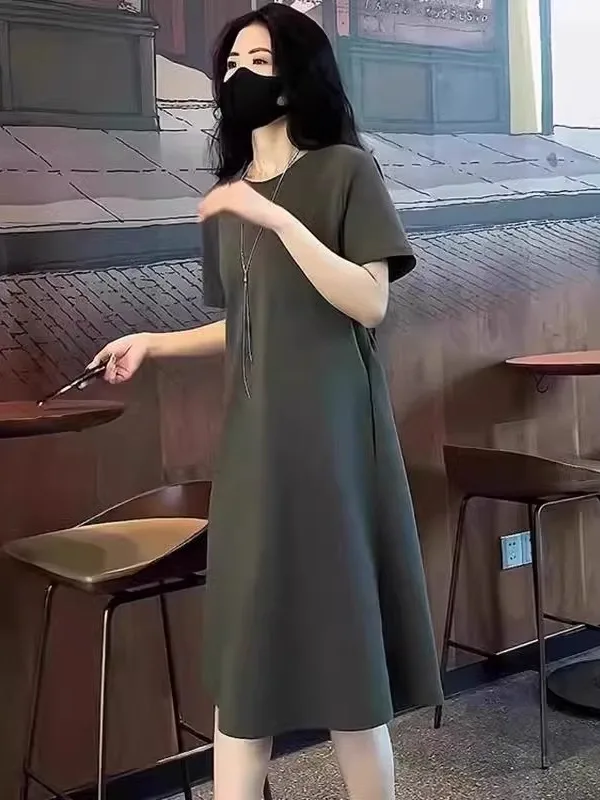 

plus Size Retro Summer Dress Short Sleeve Conceal Meat Slim Design Long Skirt Women's Fashion Casual High Waist A-Line Dress