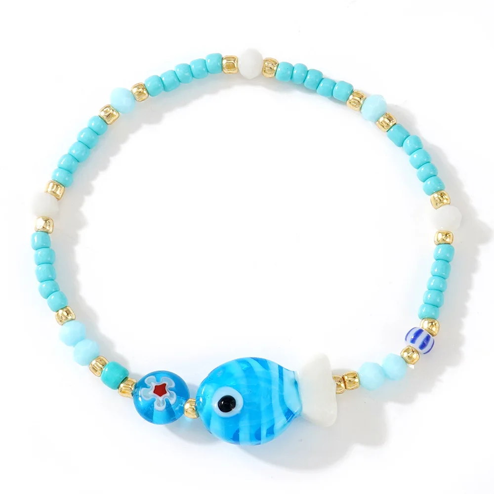 Handmade Boho Summer Bracelet Set Blue White Ocean Fish Shell Pearl Crystal Accessories Beach Vacation Jewelry Gift Wholesale