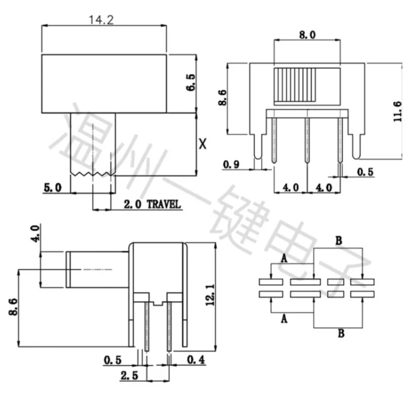 10 sztuk x SK-22H04-G5/G9 5mm 9mm wysokość pokrętło boczne 6 Pin 2 pozycja DPDT 2P2T poziomy przełącznik suwakowy 0.5A 50V DC — zdjęcie 3