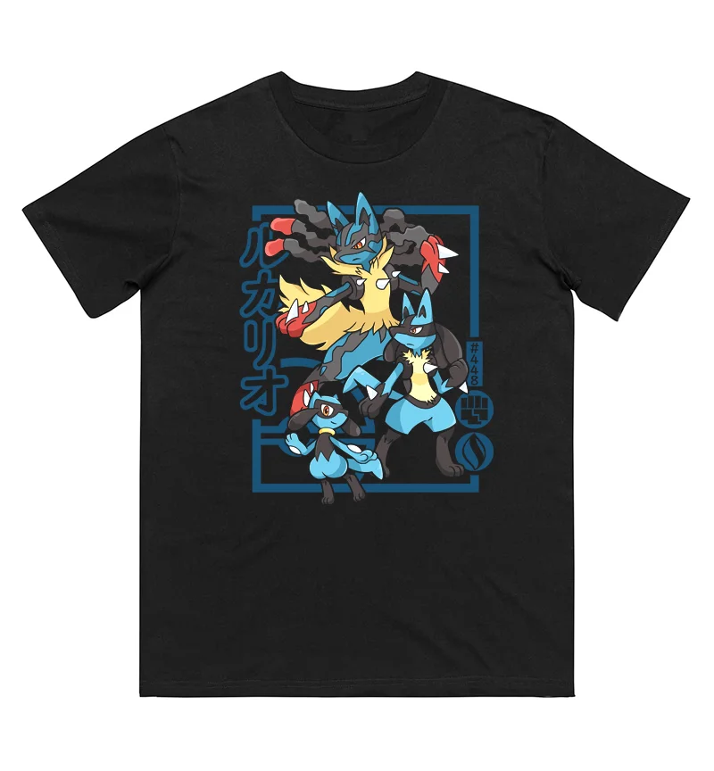 Camiseta de algodón puro con estampado de Pokémon Riolu Evolution para hombres y mujeres, nueva colección de primavera/verano, camisa de manga corta a la moda