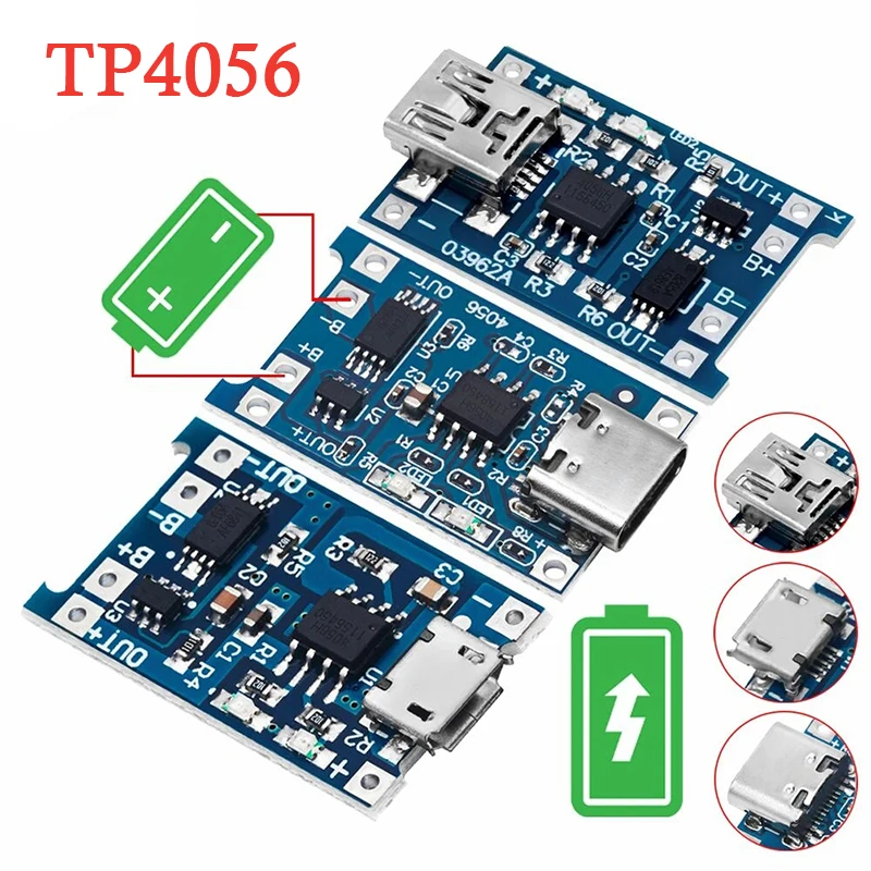 TP4056 5 V 1 A 18650 Lithium-Batterie-Ladegerät-Modul, Ladeplatine mit Schutz, Micro-USB-Typ-C-Batterieladegerät, Platinenmodul