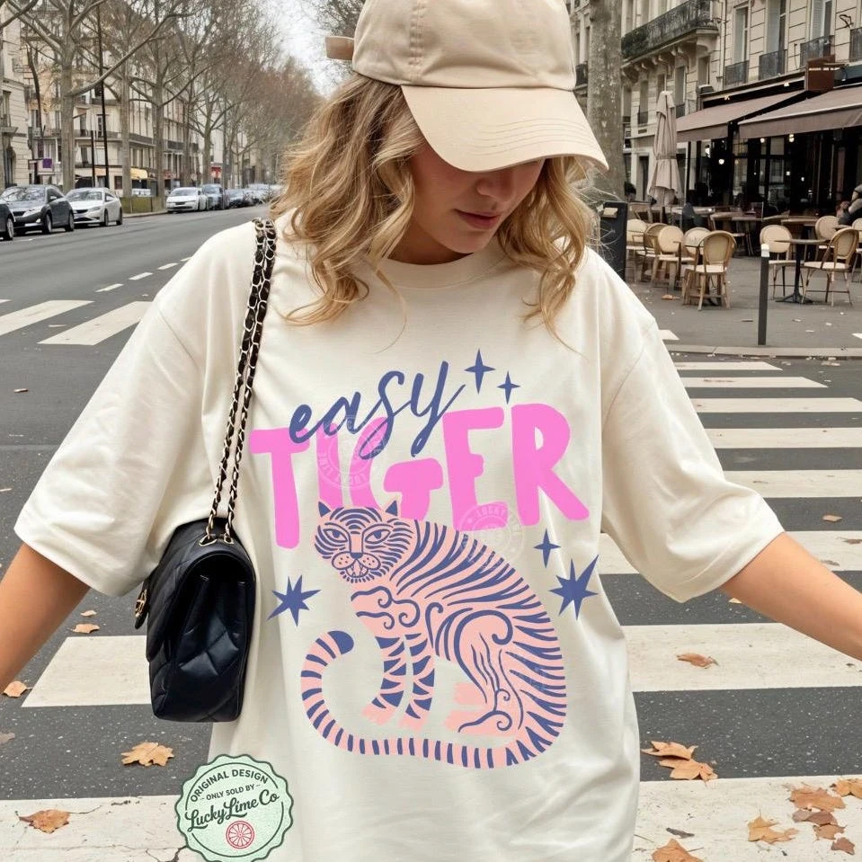 Easy Tiger T-Shirt, Retro Tiger Shirt, Tiger-Grafik-T-Shirt, Trendiges Boho-Shirt, Coole T-Shirts für Frauen, Retro Vintage Tiger Shirt – Detail 6
