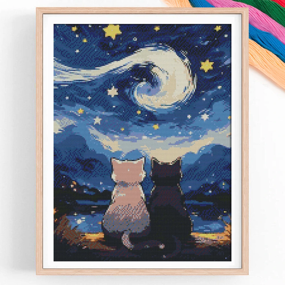 O gato sob o céu estrelado kit de ponto cruz 11ct tecido lona pano fio algodão bordado diy presente artesanal