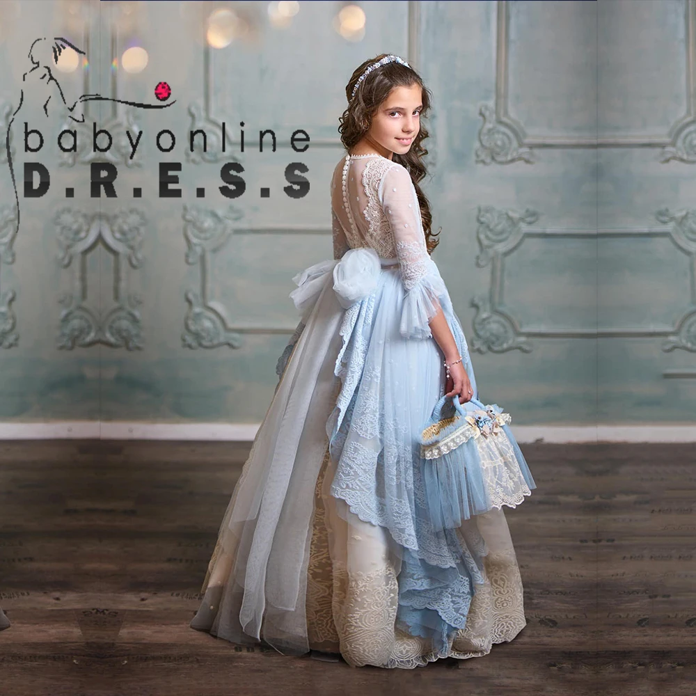 BABYONLINE P Vestidod comunión Dress for Kid Half Sleeves and a Long Skirt Bkue Flowers Embroidery Belt On the Bodice Top Gown