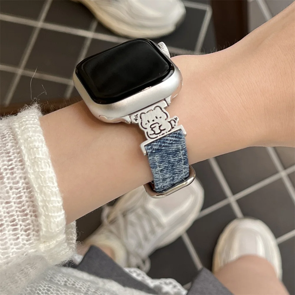 Cute Washed Denim Cartoon Dog Watch Band For Apple Watch 44mm 40 45 41 49 42 38mm Soft Strap For Ultra Series 9 8 SE 7 6 5 4 3