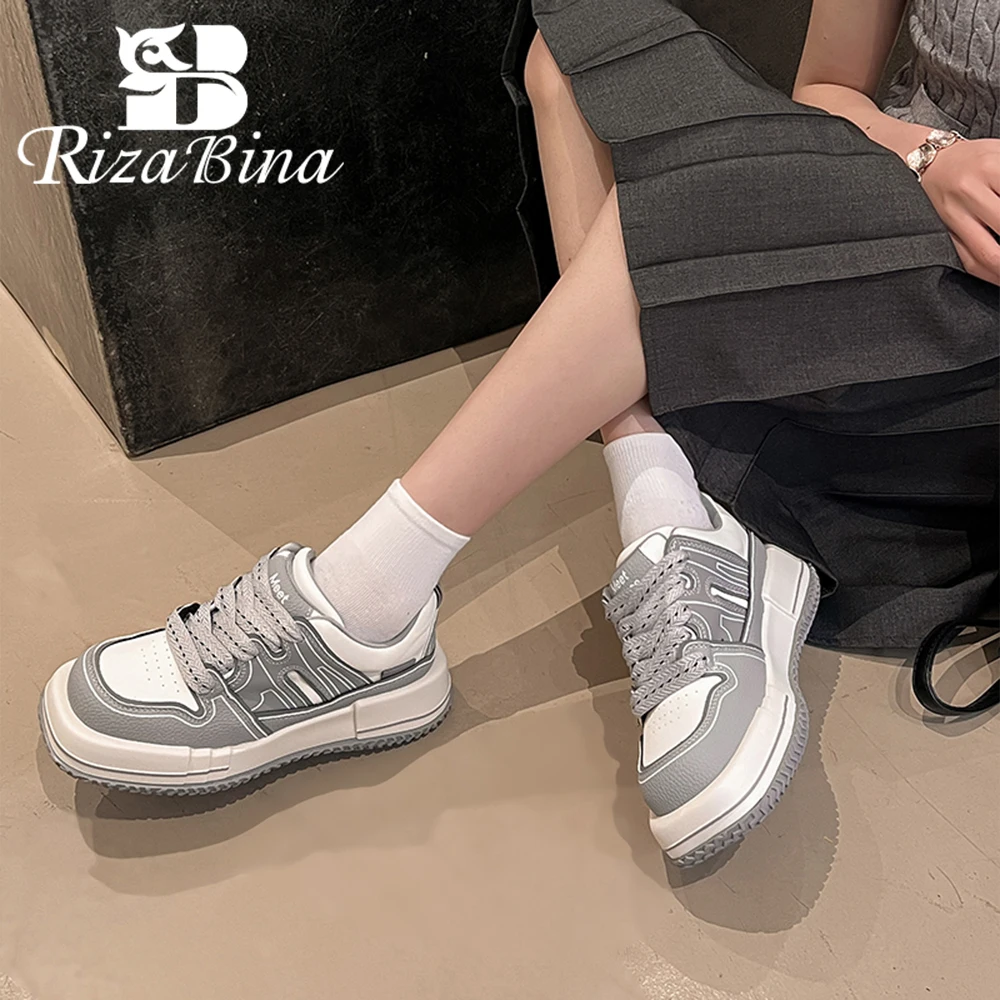 

RIZABINA Women's Casual Sneakers Real Leather Round Toe Lace Up Daily Shoes Ladies Mixed Color Thick Sole Causal Shoes Handmade