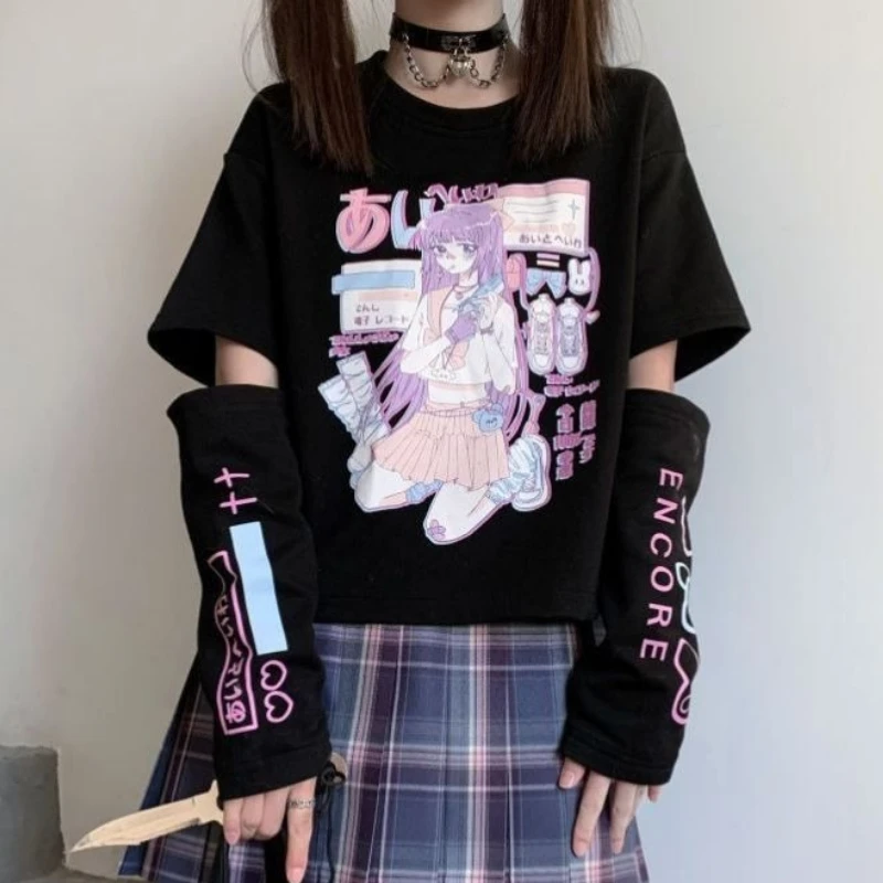 

Japanese Aesthetics Anime Cute Kawaii Clothes Y2k T-shirt Women Hoodie Hollow-Out Long-Sleeve Top Print Shirt Goth Sweatshirt