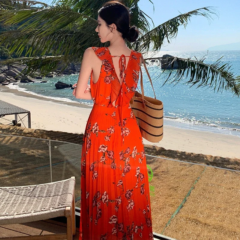 2025 verão francês flor vermelha impressão chiffon férias vestido longo feminino decote em v sem mangas babados sexy sem costas boho plissado robe