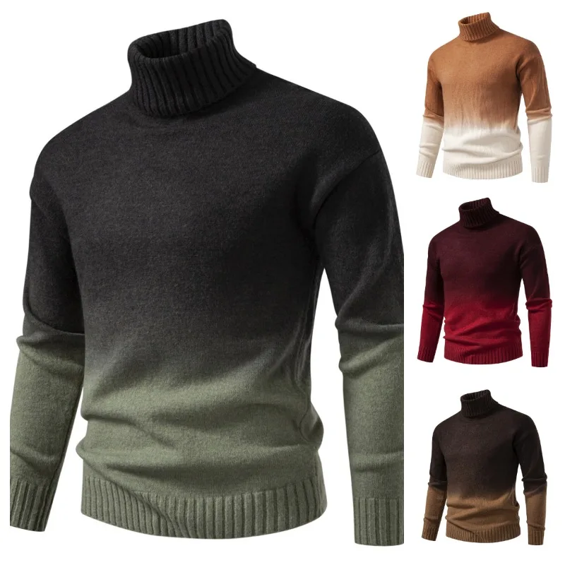 

Men's Fashion Color Blocking Winter Turtleneck Sweater Casual Gradual Matching Long-sleeved Knitted Pullovers Sweater Men
