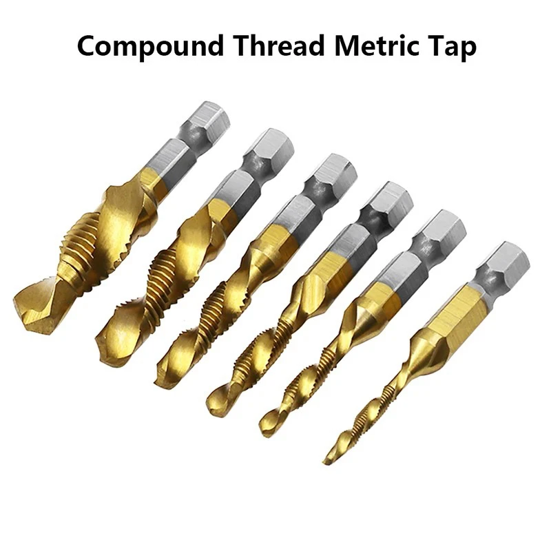 6pcs Tap Titanium Plated Hex Shank High Speed Steel Straight Fluted Screw Thread Metric Plug Drill Set M3-M10 Hand Tools Taping