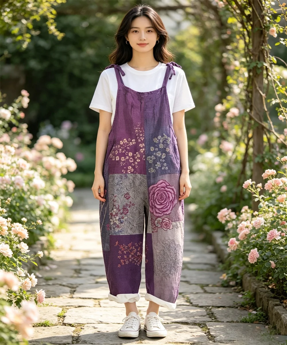 2026 Women's new retro floral brick tropical plant print comfortable jumpsuit, off shoulder sleeveless loose jumpsuit