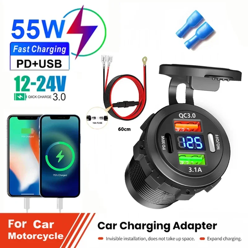 

Car Charger Socket Type-C & Dual USB 3Ports Fast Charger Socket Waterproof with Voltmeter 12V/24V For Boat Motorcycle Adaptors