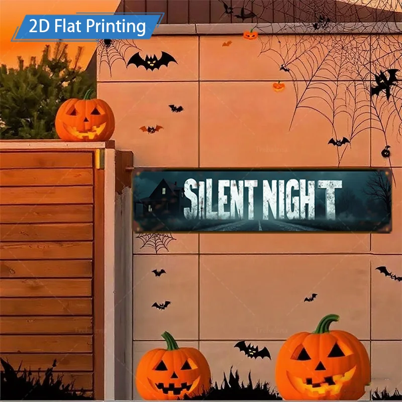 قطعة واحدة من لافتة معدنية، لافتة معدنية صامتة للهالوين مقاس 4 × 16 بوصة مع زينة اليقطين والخفافيش لديكور المنزل