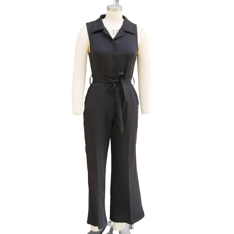 2026 Cross Border Foreign Trade Women's Fashion Shirt Collar Solid Color Wide-leg European and American Commuter Office Jumpsuit