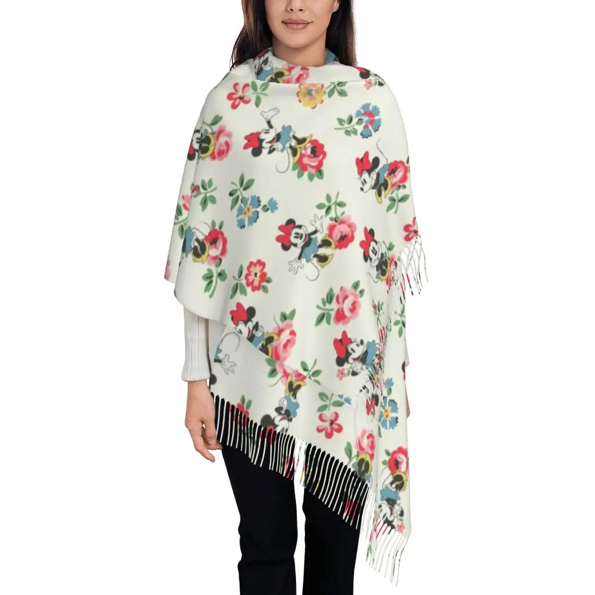 

Custom Lady Large Minnie And Flower Scarves Women Winter Soft Warm Tassel Shawl Wrap Scarf