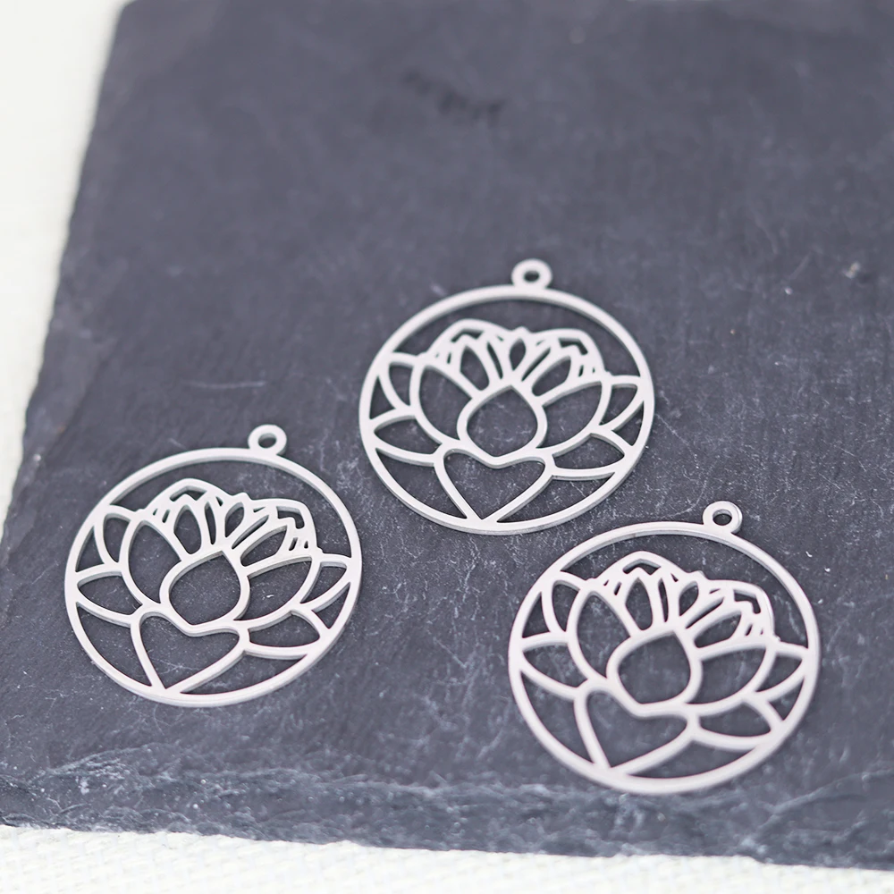 3pcs Lotus Flower Round Charms DIY Craft Earrings Necklace Jewelry Making Yogo Buddhism Stainless Steel Pendant