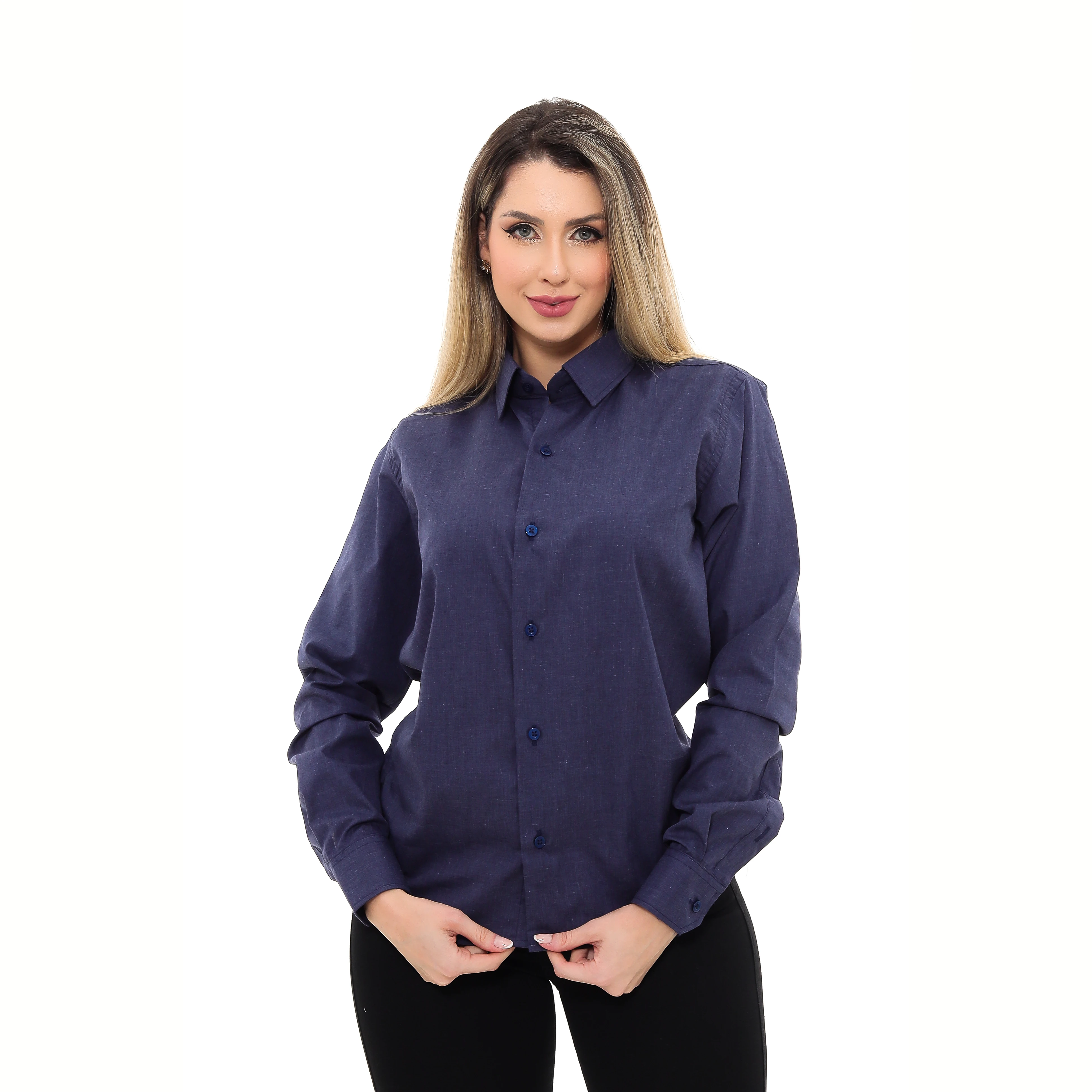 Women's Premium Linen Type Navy Blue Long Sleeve Elegant Chic No Pocket Structured Shirt