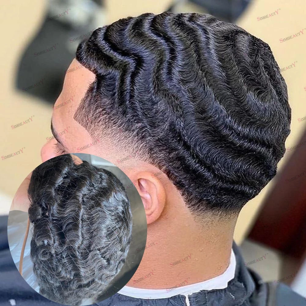 

Супер натуральный 360 глубоких волн, черный мужской парик из человеческих волос, прочный 0,12 мм, кожаная основа, афро-протез для волос, 15 мм, 180 волн, парик