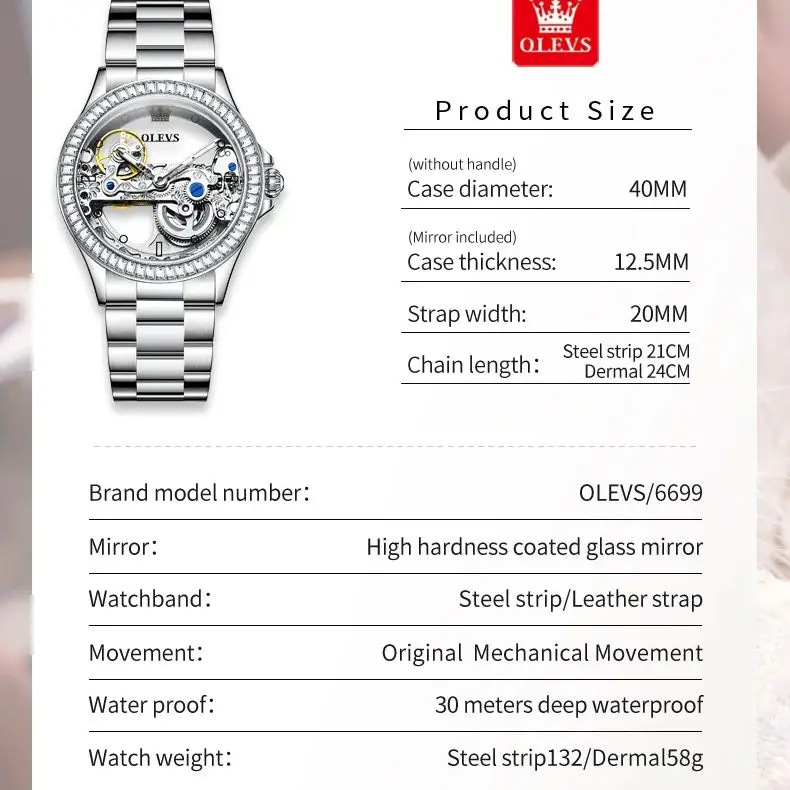 OLEVS 6699 Automatic Mechanical Women\'s Watch Transparent 40mm Big Dial Design Bracelet Watch Set Gift Luxury Watch for Women