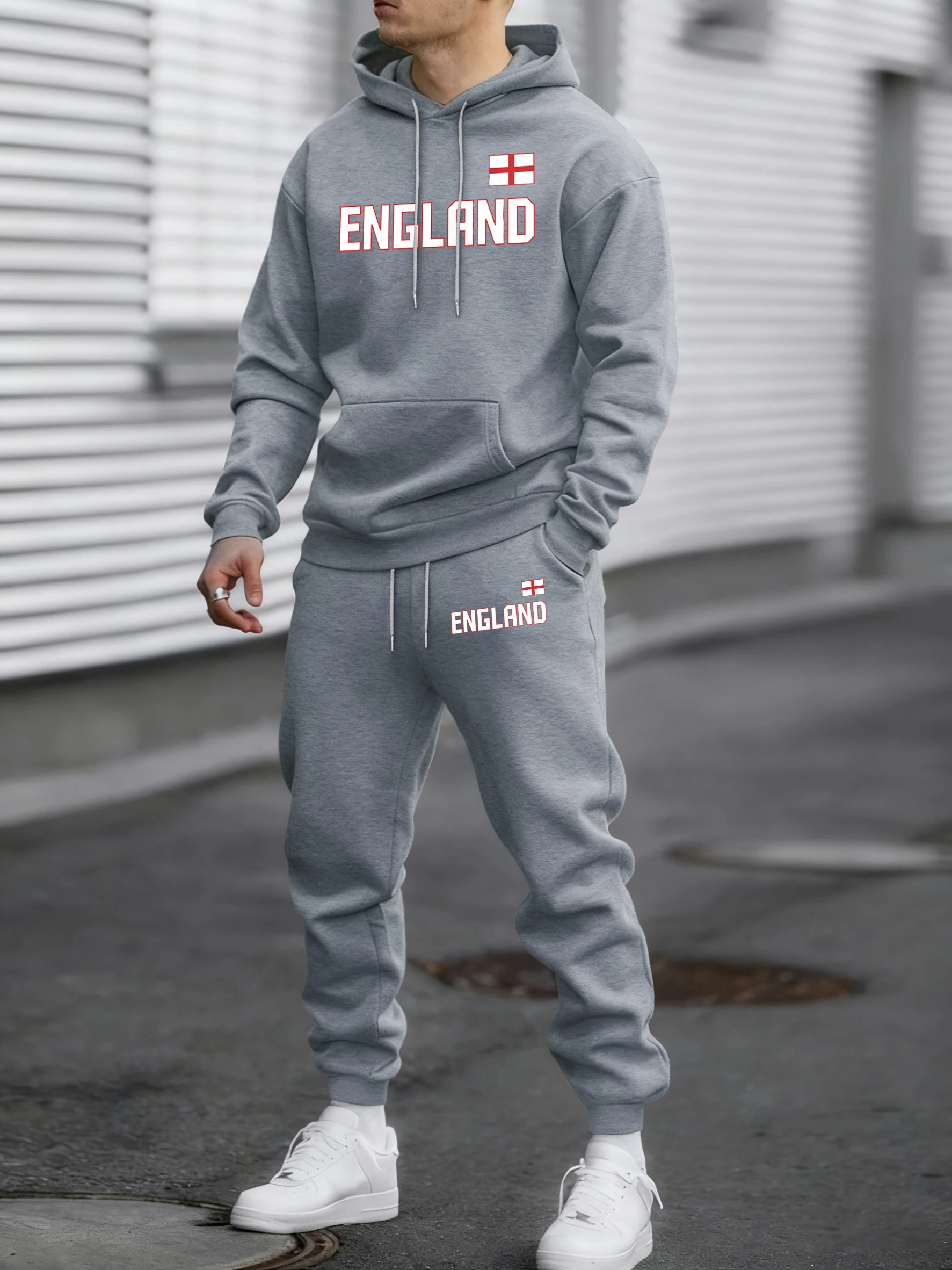 

England Flag Print Autumn Winter Fleece Hoodies Sweatpants Men'S Sets Soft Fashion Sweatshirts Casual Daily Long Pants Unisex