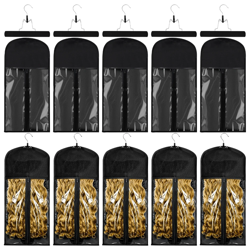 10pcs Black Non Woven Fabric Wig Dust Cover Packing Bag 60x29cm Wig Storage Bags Hanger , Travel-Friendly Wig Organizer