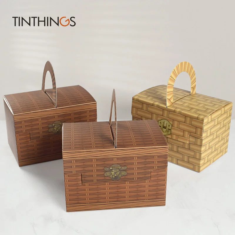 100pcs Wedding Gift Packaging Box Party Favors Gift Candy Boxes With Handle Wicker Pattern Guests Sweets Bags Wrapping  Supplies