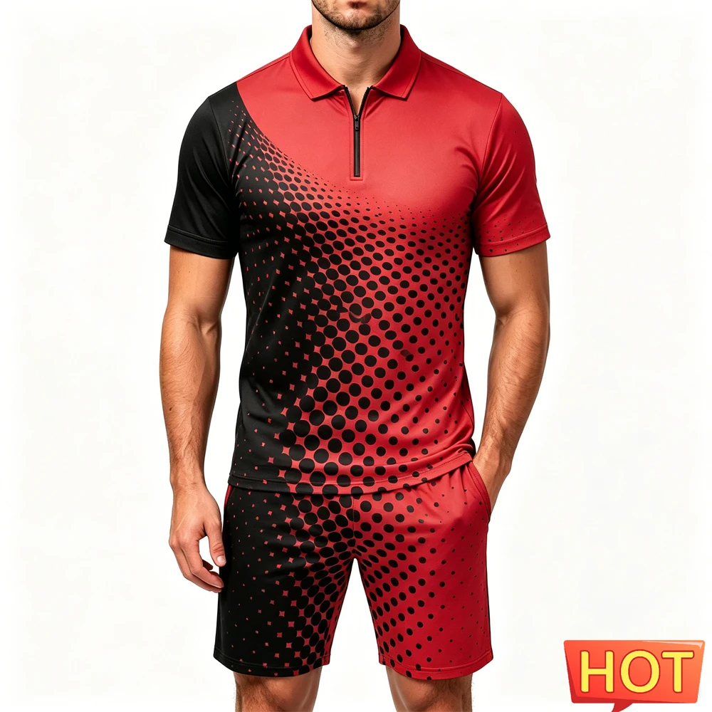 Summer Men's Sets Polka Dot 3D Print Zip Polo Shirt and Shorts 2 Piece Street Fashion Short Sleeve Outfit Casual Loose Man Suit view 5