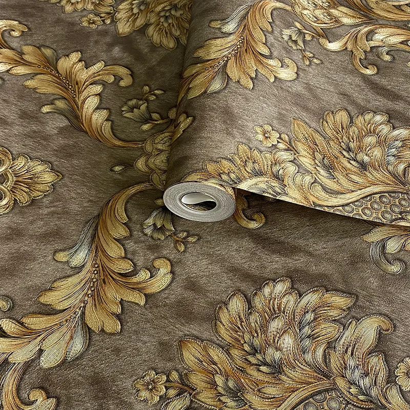 Luxury Brown Damask 3D Embossed Wallpaper Hotel Luxury PVC Vinyl Gold Floral Wall Paper Roll Ktv Bedroom Living Room