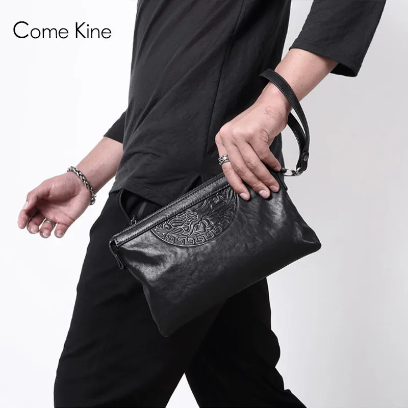 ComeKine Handbag Men\'s Cowhide 2023 New Fashion Envelope Handgrip Bag Soft Leather Large Capacity Handbag Business Black Handbag