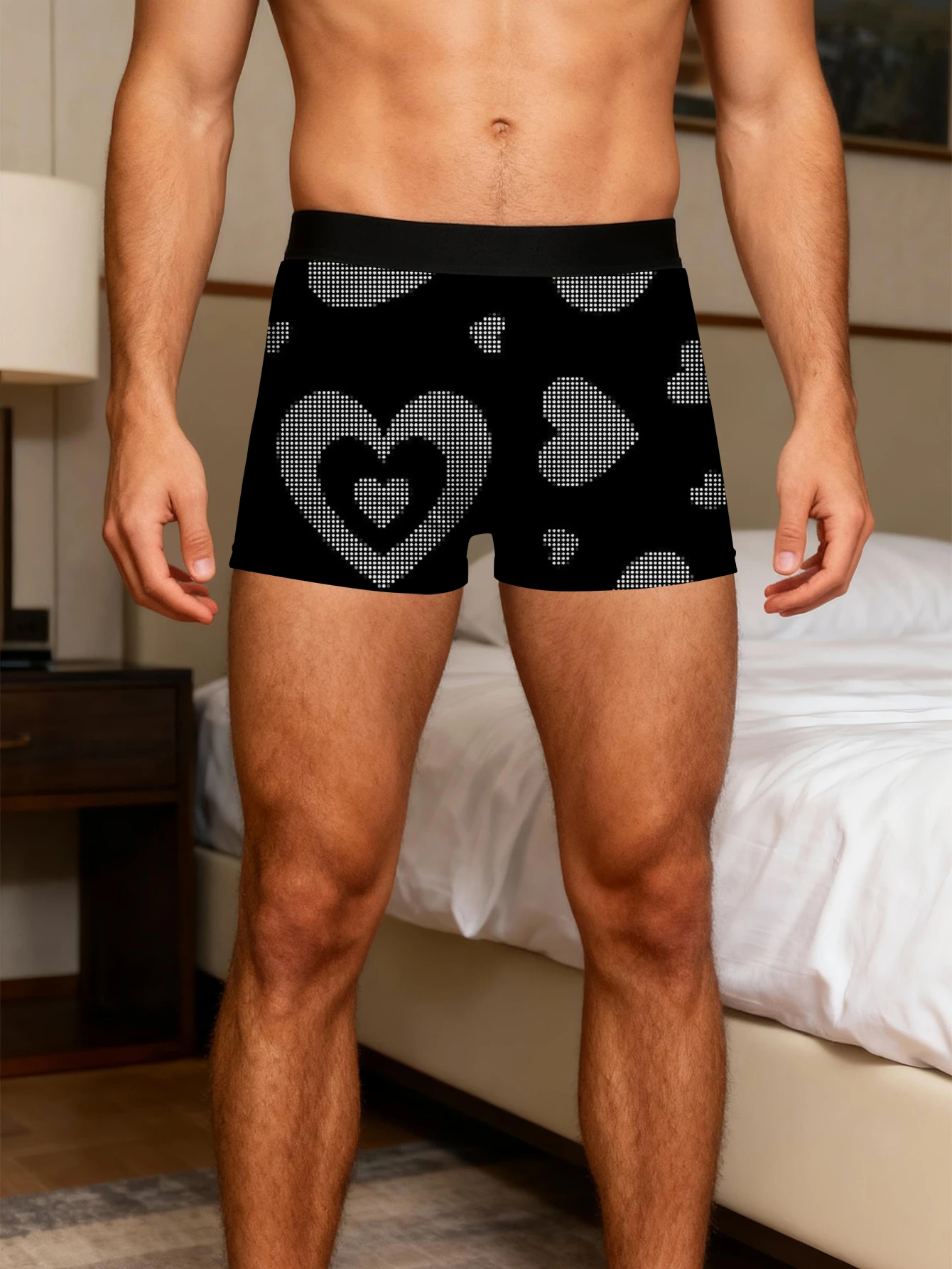 Print Black Elastic Solid Color with Heart Pattern Print Design, Knitted Fabric Perfect for Daily Casual Use Underwear Valentine