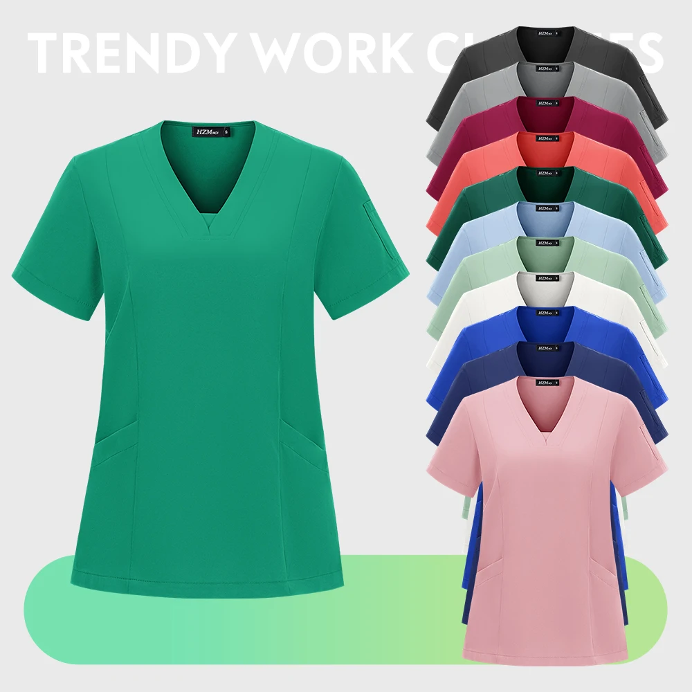 スクラブユニフォームセット医療看護手術スクラブユニフォーム半袖トップス+パンツ通気性弾性作業服卸売