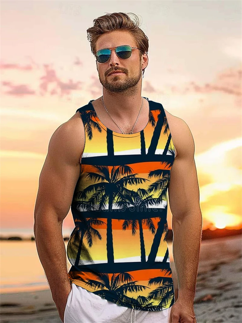 Tropical Palm Leaf 3D Print Men Tank Top Summer Hawaiian Vacation Party Fashion Men Clothing Novelty Harajuku Sleeveless T-shirt