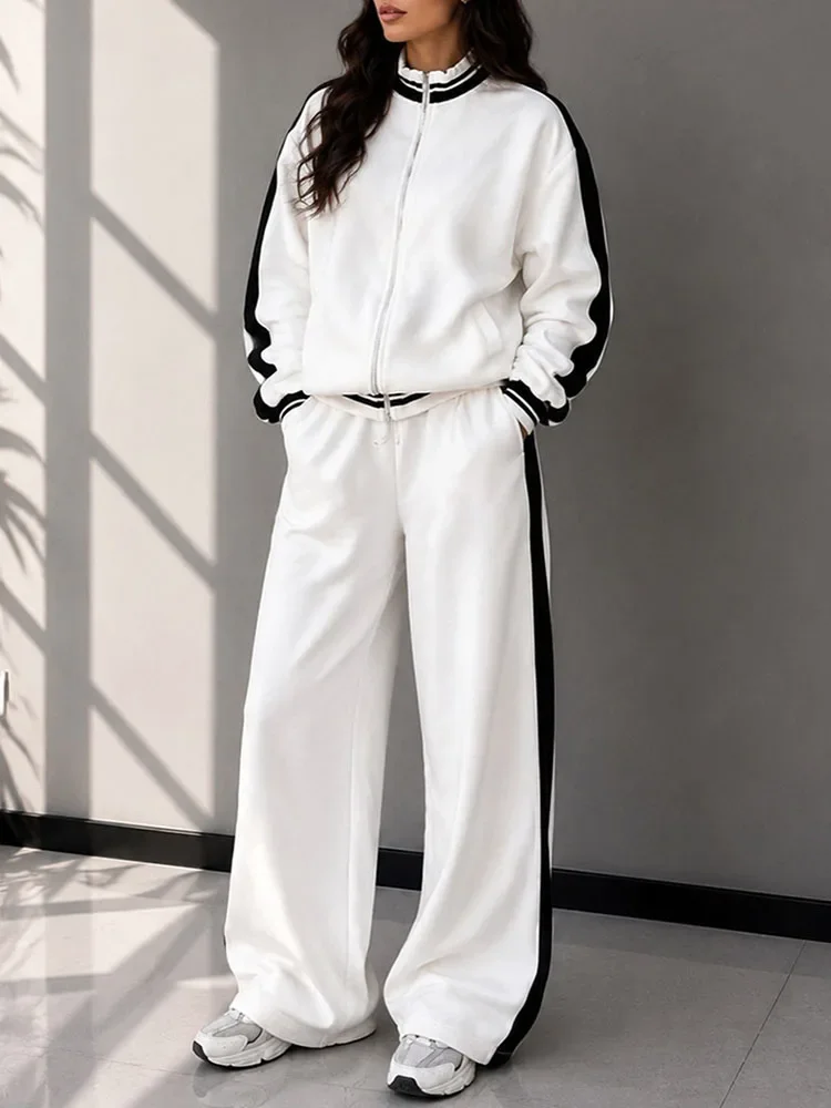 Striped Loose Jogging Set Woman 2 Piece Set Outfit Sportwear Workout Long Sleeve Zipper Jacket Coat and Sweatpants Track Suit