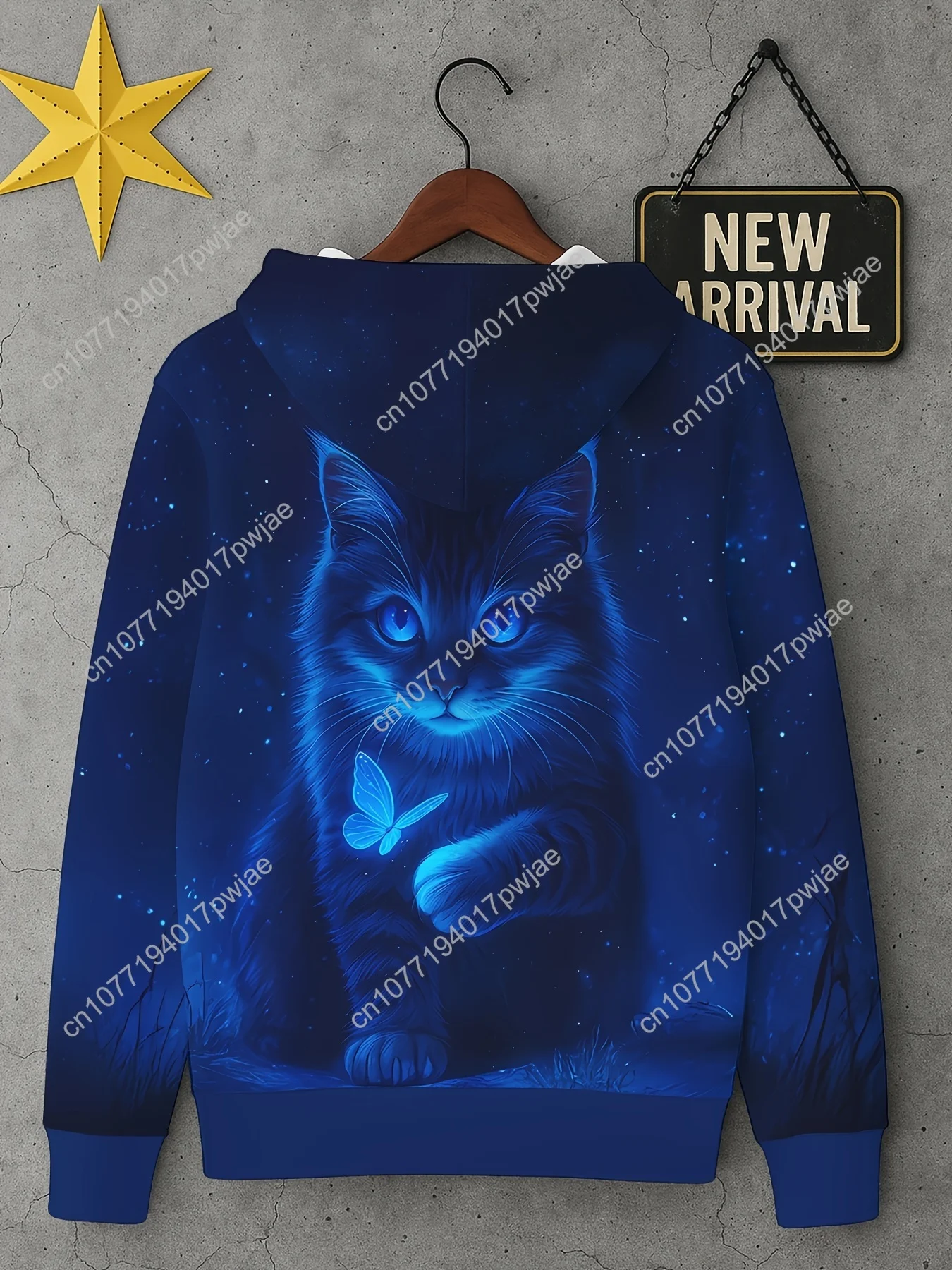 Уютная синяя светящаяся толстовка с котом для взрослых — толстовка из мягкого полиэстера с 3D-принтом котенка и бабочки, капюшоном и карманом, идеально подходит для