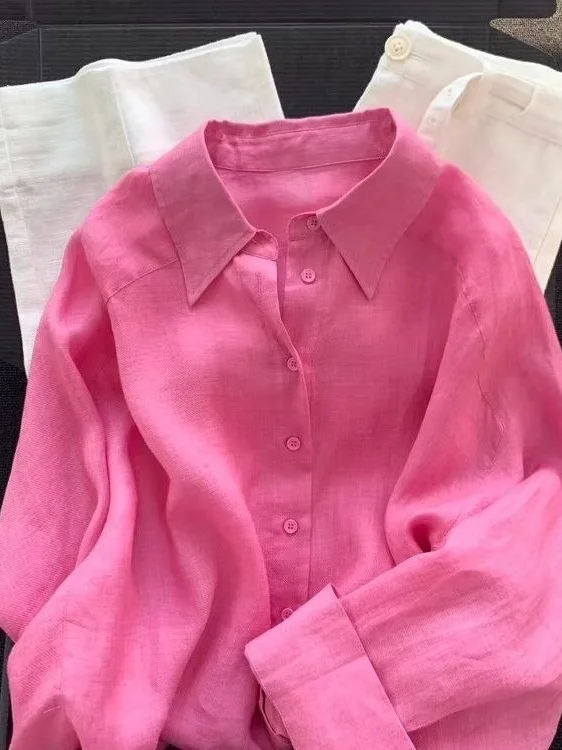 Retro Hong Kong Style Long Sleeve Linen Shirt Women Summer Lightweight Loose Feeling Lazy Sun Protection Top Collar Button